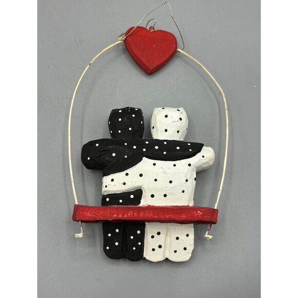 Hand Painted Black White Polka Dot Cat Couple Hanging Swing Heart Wood - Picture 4 of 6